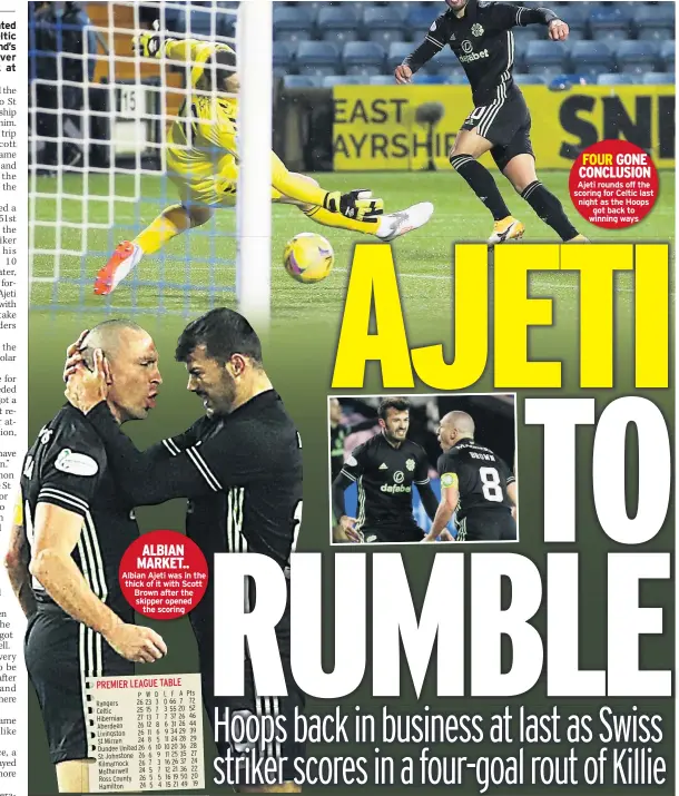  ??  ?? FOUR GONE CONCLUSION Ajeti rounds off the scoring for Celtic last night as the Hoops got back to winning ways