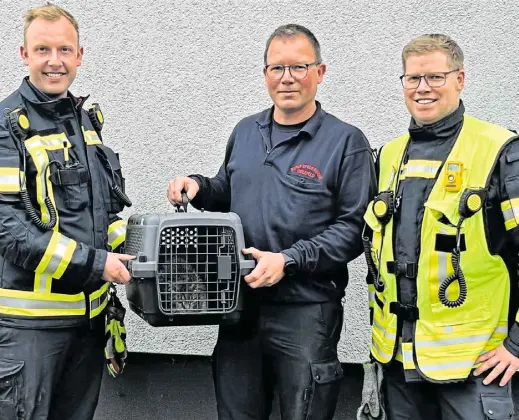  ?? Fotos: Feuerwehr Bielefeld ?? Drei Feuerwehrm­änner mit Katze: Das Trio freut sich über die Rettung, die mal ganz ohne Wasser gelang.