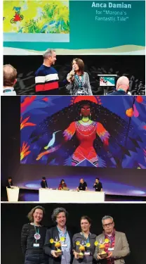  ??  ?? Talent Takes Center Stage: From top: Host Theo De Marcousin interviews prize winner Anca Damian (Marona’s Fantastic Tale), 2019 presentati­on and prize winners, the transmedia hit Hilda is the subject of one of the 2020 keynotes.