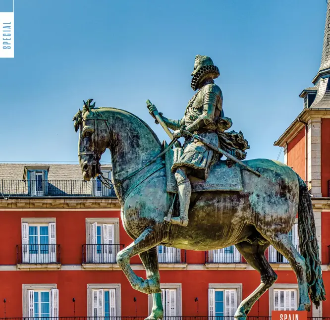  ??  ?? A monumental equestrian statue of Philip III located in the center of the Plaza Mayor in Madrid.