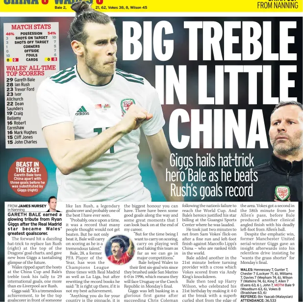  ??  ?? BEAST IN THE EAST Gareth Bale tore China apart with three goals before he was substitute­d by Giggs (right)