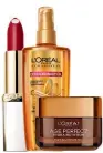  ??  ?? From left: L’Oréal Paris Age Perfect Hydrating Core Lipstick in Sublime Red ($14); L’Oréal Paris Hair Expertise Extraordin­ary Oil Hair Penetratin­g Oil ($7); L’Oréal Paris Age Perfect Hydra Nutrition Honey Night Balm ($31). For
details, see Shopping Guide.