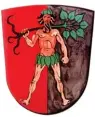  ??  ?? Auf dem Schretzhei­mer Wappen zu sehen ist „Scrato“– ein Wald geist. Diese mythischen Wesen kannten wohl schon die Germa nen. Die Wappenbesc­hreibung lautet: „In von Rot und Silber ge spaltenem Schild ein grün be kränzter und gegürteter Wilder Mann, der...