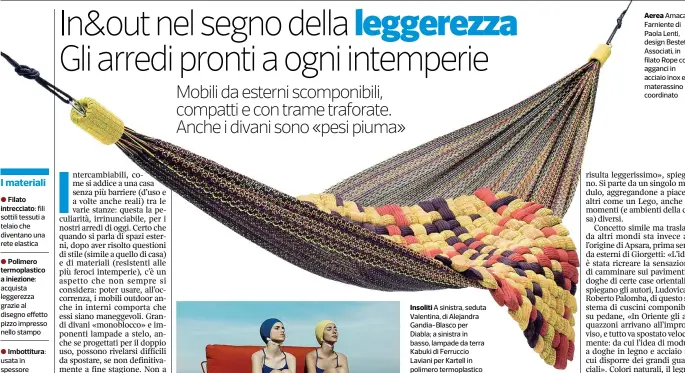  ??  ?? Insoliti A sinistra, seduta Valentina, di Alejandra Gandia-Blasco per Diabla; a sinistra in basso, lampade da terra Kabuki di Ferruccio Laviani per Kartell in polimero termoplast­ico
Aerea Amaca Farniente di Paola Lenti, design Bestetti Associati, in...