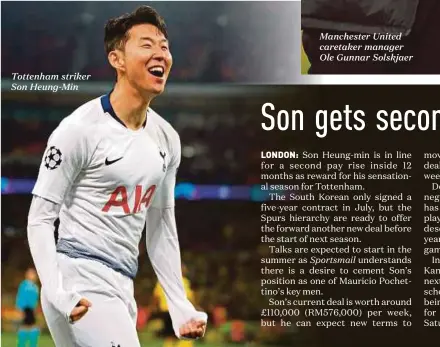  ??  ?? Tottenham striker Son Heung-Min Manchester United caretaker manager Ole Gunnar Solskjaer Sportsmail