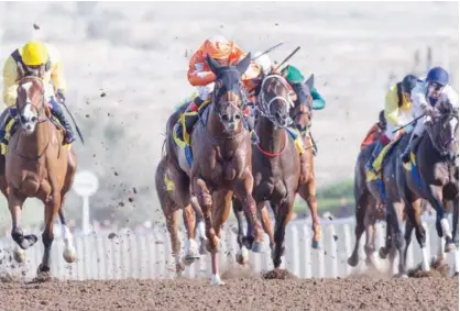  ??  ?? Golden Jaguar (centre), ridden by Connor Beasley, races towards the finish line to win the Shadwell Farm race at the Jebel Ali racecourse.