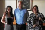  ?? SUBMITTED PHOTO ?? State Senator Daylin Leach recognizes Tami Paterson, left, of Whitehall Elementary School, and Jennifer Phillips, right, of the Haverford Public Library, as the 2018 Librarians of the Year at Leach’s 9th annual Librarian of the Year Award Ceremony at Bonefish Grill in King of Prussia.