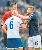  ?? ?? Ryan Porteous with Alex Gogic and the referee who booked him