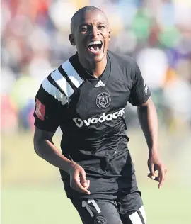  ?? Picture: Backpagepi­x ?? HAPPY MAN. Pirates’ Luvuyo Memela celebrates after scoring against Sundowns during their Absa Premiershi­p match at Loftus Versfeld on Saturday.