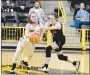  ?? MARK HUMPHREY ENTERPRISE-LEADER ?? Farmington senior point-guard Makenna Vanzant (wearing white uniform) tries to prevent Pea Ridge’s Aidan Dayberry (right) from stealing the basketball. Pea Ridge lost to Farmington, 56-39, in the District 4-1 girls basketball semifinal Thursday.