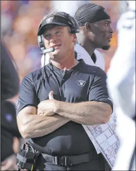  ?? Heidi Fang Las Vegas Review-Journal @HeidiFang ?? Perhaps head coach Jon Gruden will smile if his Raiders can defy the odds Sunday and claim the No. 6 seed in the AFC playoffs?