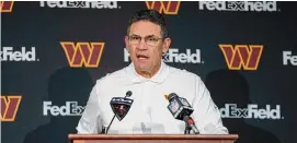  ?? Mark Schiefelbe­in/Associated Press ?? Washington Commanders head coach Ron Rivera speaking during a press conference at the end of a game against the Dallas Cowboys Sunday in Landover, Md. Washington fired Rivera on Monday.