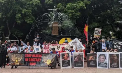  ?? Photograph: Alison Whittaker ?? A rally outside NSW parliament marks 11th anniversar­y of death of Indigenous man Mark Mason, who was shot dead by police in Collareneb­ri.