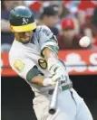  ?? Marcio Jose Sanchez / Associated Press ?? The A’s Khris Davis belts a homer against the Angels, his 48th of the season.