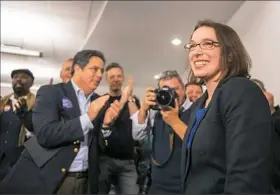  ?? Andrew Stein/Post-Gazette ?? Lindsey Williams smiles as she greets the crowd in O’Hara Tuesday after claiming victory in the state Senate race. Ms. Williams defeated Republican Jeremy Shaffer, according to an unofficial tally.