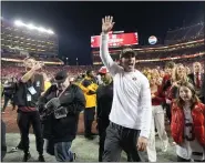  ?? DAVID J. PHILLIP — THE ASSOCIATED PRESS ?? 49ers head coach Kyle Shanahan waves after their win against the Lions in the NFC Championsh­ip game in Santa Clara, Calif., on Sunday.