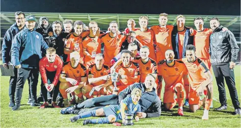  ?? ?? Peterborou­gh Sports after winning the Northants Senior Hillier Cup at Sixfields. Photo: James Richardson.