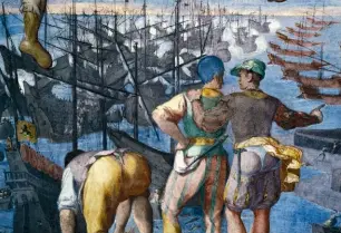  ??  ?? Bataille navale de Zierikzee entre l’amiral Rainier Ier et Guy, comte des Flandres, en 1304, détail d’une fresque de Lazzaro Tavarone (1556-1641). La flotte flamande fut anéantie et Guy de Namur capturé.