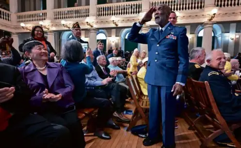  ?? JOSH REYNOLDS FOR THE BOSTON GLOBE ?? Brig. Gen. Enoch “Woody” Woodhouse, one of the last surviving Tuskegee Airmen, shed a tear as he was recognized at a Veterans Day ceremony at Faneuil Hall on Nov. 10.