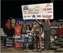  ?? RICK KEPNER - FOR DIGITAL FIRST MEDIA ?? Brady Bacon, second from left, poses in victory lane with the rest of the top 3 after winning the USAC Sprint series race at Grandview Speedway on June 14.