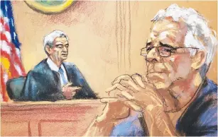  ?? (Jane Rosenberg/Reuters) ?? JEFFREY EPSTEIN and Judge Richard Berman depicted in a sketch of a status hearing. Jewish billionair­e Leslie Wexner entrusted Epstein with his finances.