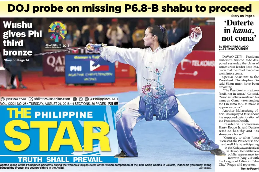  ?? JOEY MENDOZA ?? Agatha Wong of the Philippine­s performs during the women’s taijijian event of the wushu competitio­n at the 18th Asian Games in Jakarta, Indonesia yesterday. Wong bagged the bronze, the country’s third in the Asiad.