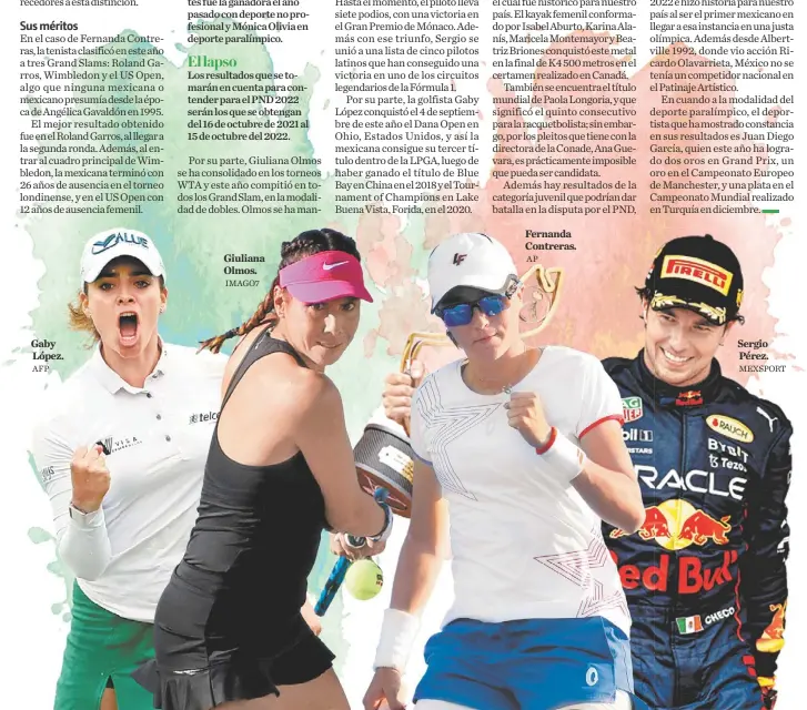  ?? AFP IMAGO7 AP MEXSPORT ?? Gaby López.
Giuliana Olmos.
Fernanda Contreras.
Sergio Pérez.