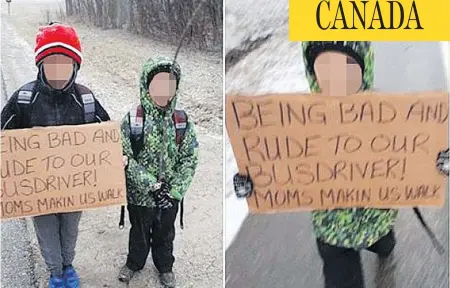  ?? FACEBOOK ?? An Ontario mother made her two young boys walk seven kilometres to school carrying a cardboard sign saying they were rude to their bus driver, and then posted their photo on Facebook. The public airing of laundry drew praise from many, but also...