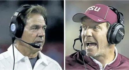  ?? THE ASSOCIATED PRESS FILES ?? At left, in a Sept. 5, 2015, file photo, Alabama head coach Nick Saban gives directions from the sidelines during the first half of an NCAA college football game against Wisconsin, in Arlington, Texas. At right, in an Oct. 29, 2016, file photo, Florida...