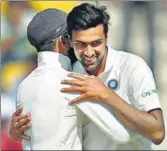  ?? PTI ?? Virat Kohli hugs R Ashwin after India beat Sri Lanka by an innings and 239 runs in the Nagpur Test on Monday.