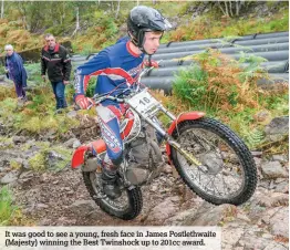  ??  ?? It was good to see a young, fresh face in James Postlethwa­ite (Majesty) winning the Best Twinshock up to 201cc award.