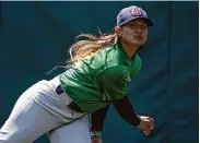  ?? Benjamin Fanjoy/Special to the Chronicle ?? Pitcher Kelsie Whitmore was among three players signed by the Ballers after trying out on Saturday.