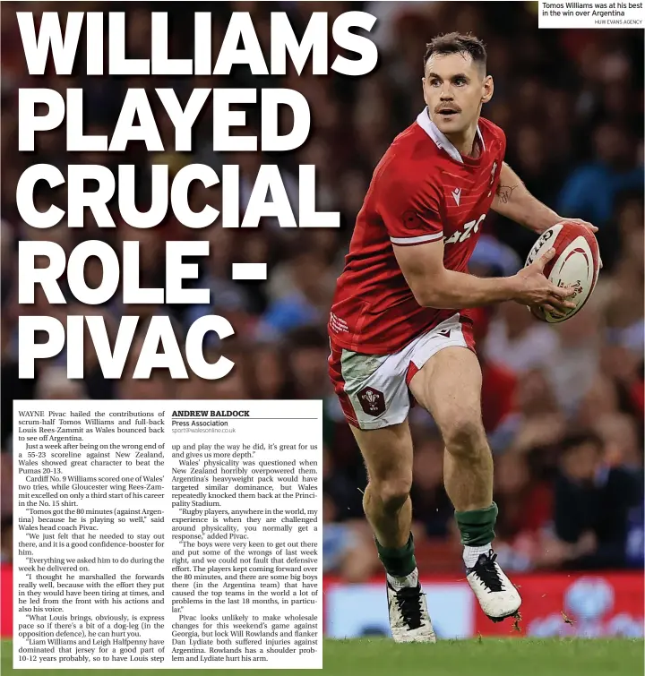  ?? HUW EVANS AGENCY ?? Tomos Williams was at his best in the win over Argentina