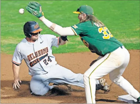  ??  ?? OSU's Colin Simpson slides safely into third base as Baylor's Davis Wendzel catches the ball in the fourth inning of Thursday's late Big 12 tournament game at Chickasaw Bricktown Ballpark. [NATE BILLINGS/ THE OKLAHOMAN]