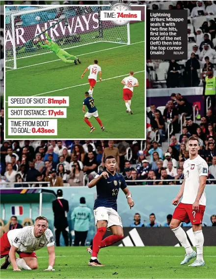  ?? REX/AP ?? Lightning strikes: Mbappe seals it with two fine hits, first into the roof of the net (left) then into the top corner (main) TIME: 74mins SPEED OF SHOT: 81mph SHOT DISTANCE: 17yds TIME FROM BOOT TO GOAL: 0.43sec