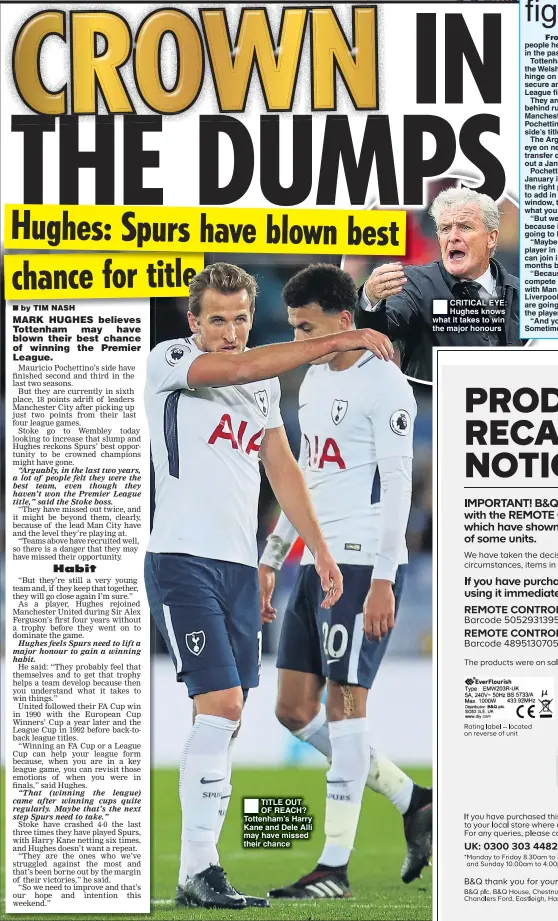  ??  ?? TITLE OUT OF REACH? Tottenham’s Harry Kane and Dele Alli may have missed their chance CRITICAL EYE: Hughes knows what it takes to win the major honours