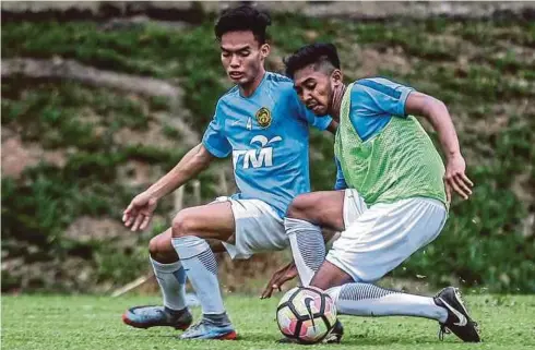  ??  ?? NIK Akif Syahiran Nik Mat (kiri) dan Shivan Pillay Asokan pada sesi latihan pasukan B-23 kebangsaan di Wisma FAM, Kelana Jaya bagi menghadapi Kejuaraan B-23 AFC 2018 di China.