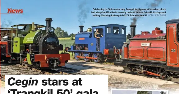  ?? BOTH: JOEY EVANS ?? Celebratin­g its 50th anniversar­y, Trangkil No. 4 poses at Strawberry Park halt alongside Mike Hart’s recently restored Hunslet 0-6-0ST Hastings and visiting Ffestiniog Railway 0-4-0STT Prince on June 12.