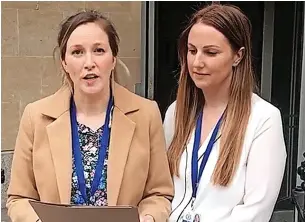  ?? ?? PC Rosie Murrell makes a statement, with DC Fiona Currey, after the sentencing of Steven Sutton, pictured inset below, at Bristol Crown Court