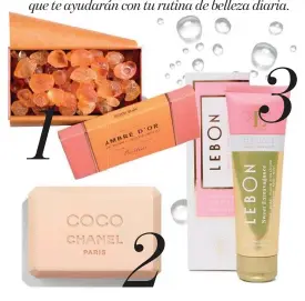  ??  ?? 1.- BASTIDE AMBRE D’OR Potpourri Crystals cultbeauty.co.uk 2.- COCO CHANEL Bath Soap johnlewis.com 3.- LEBON Sweet Extravagan­ce Toothpaste revolve.com