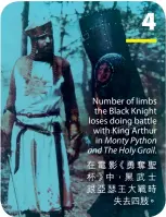  ??  ?? 4 Number of limbs the Black Knight loses doing battle with King Arthur in Monty Python and The Holy Grail.在電影《勇奪聖杯》中，黑武士跟亞瑟王大戰時­失去四肢。