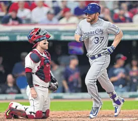  ??  ?? The Royals’ Brandon Moss runs the bases after hitting a solo home run off Indians starting pitcher Trevor Bauer in the fourth inning.