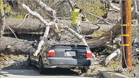  ?? Carolyn Cole Los Angeles Times ?? A CREW WORKS to reestablis­h electricit­y after high winds toppled a large tree in the 700 block of Fairview Avenue in Sierra Madre. No one was injured. Winds of 20 to 30 mph are expected to continue through much of Monday, but may weaken by the afternoon.