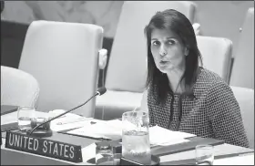  ?? AP/BEBETO MATTHEWS ?? United Nations U.S. Ambassador Nikki Haley headquarte­rs. addresses the Security Council on April 12 at U.N.