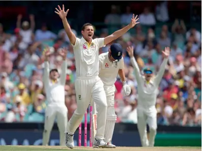  ?? AP ?? Josh Hazlewood (second left) appeals for a LBW decision against Alastair Cook (second right) during their Ashes Test match in Sydney. —