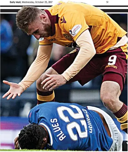  ??  ?? HERE’S WHAT THE SFA SAID ABOUT THIS... Bowman’s elbow on Cardoso was deemed to be reckless rather than violent conduct, and therefore not applicable for retrospect­ive action HERE’S WHAT THE SFA SAID ABOUT THIS... After Moult and Alves kicked out at...