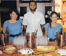  ??  ?? Hundreds of movie lovers attended the opening gala. That Meiomi wine was available for tasting added to the cache. From left, Meiomi Wines’ Jolene Long, Magnus Lobo and Katerina Lucyk.