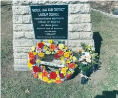  ??  ?? The Moose Jaw and District Labour Council laid a wreath outside its office on April 28 to honour those who have died on the job, as part of the national Day of Mourning. (Photo courtesy Facebook)