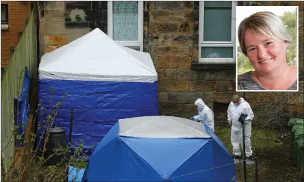  ??  ?? Forensic tents in the back garden of a tenement at Lorne street, Cessnock. Inset, Julie Reilly