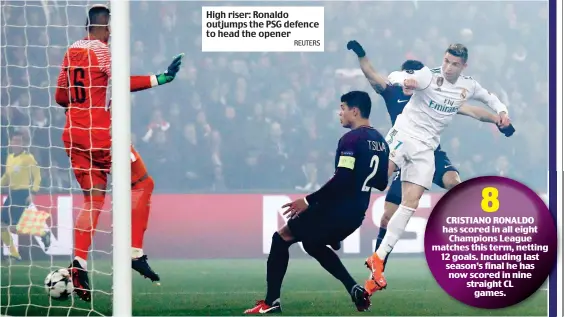  ?? REUTERS ?? High riser: Ronaldo outjumps the PSG defence to head the opener